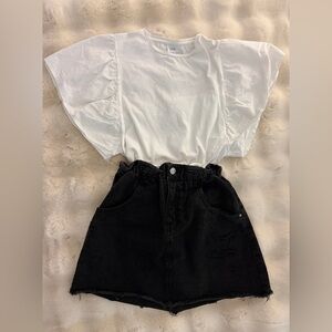 Zara White Ruffle Sleeve Tee with Black Denim Skirt Set